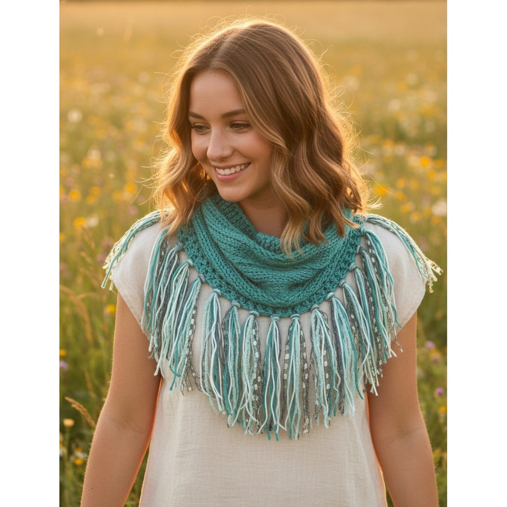 NEW Hand Knitted Jade Green Boho Cowl Scarf Fringe Cottage Whimsy Artsy Fairy
